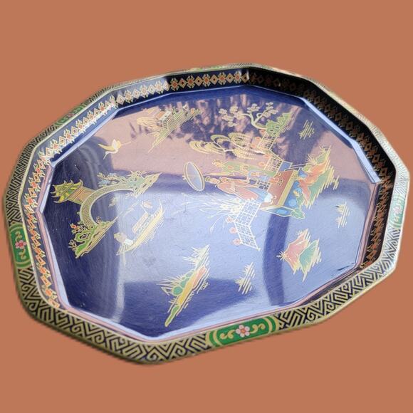 Vintage 1970s Daher Decorated Ware Blue Tin Tray with Chinoises Toile Design - Picture 3 of 5